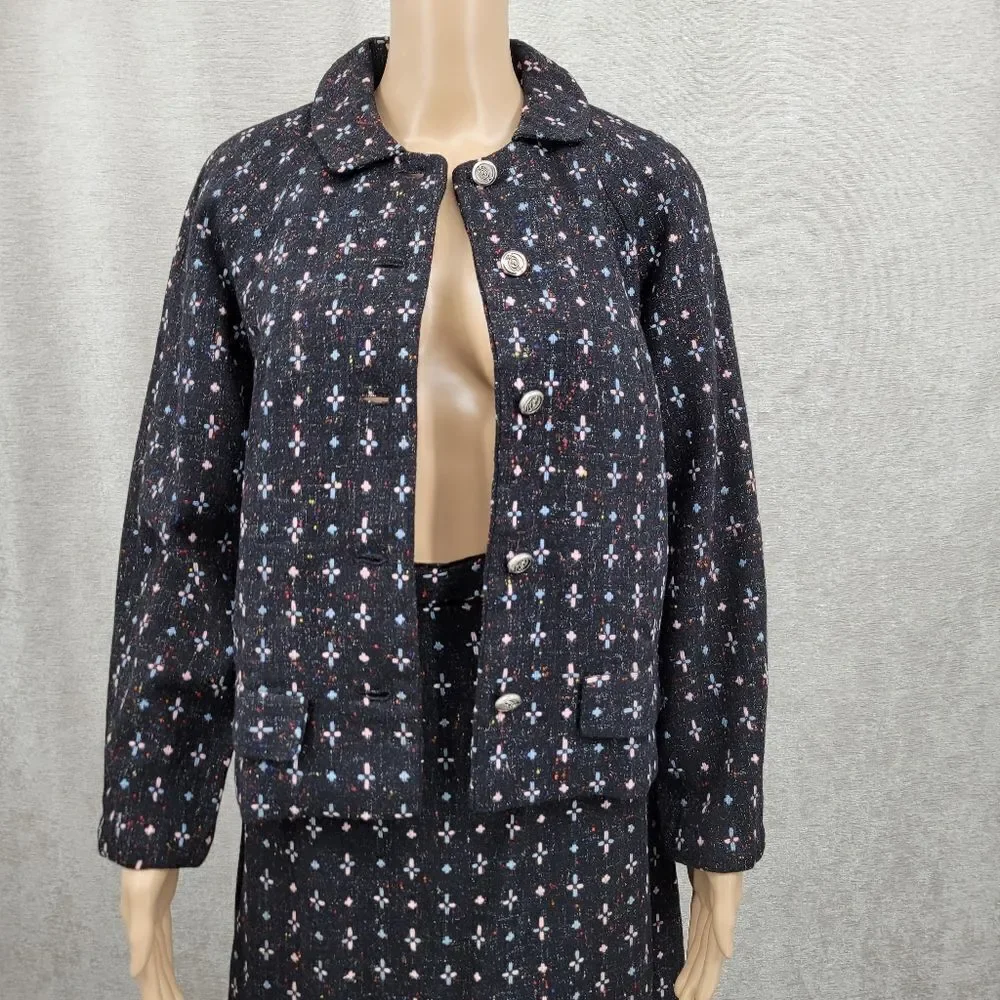 60s Vintage Handmade Tailored Wool Matching Skirt Suit Set Black with Pink Blue